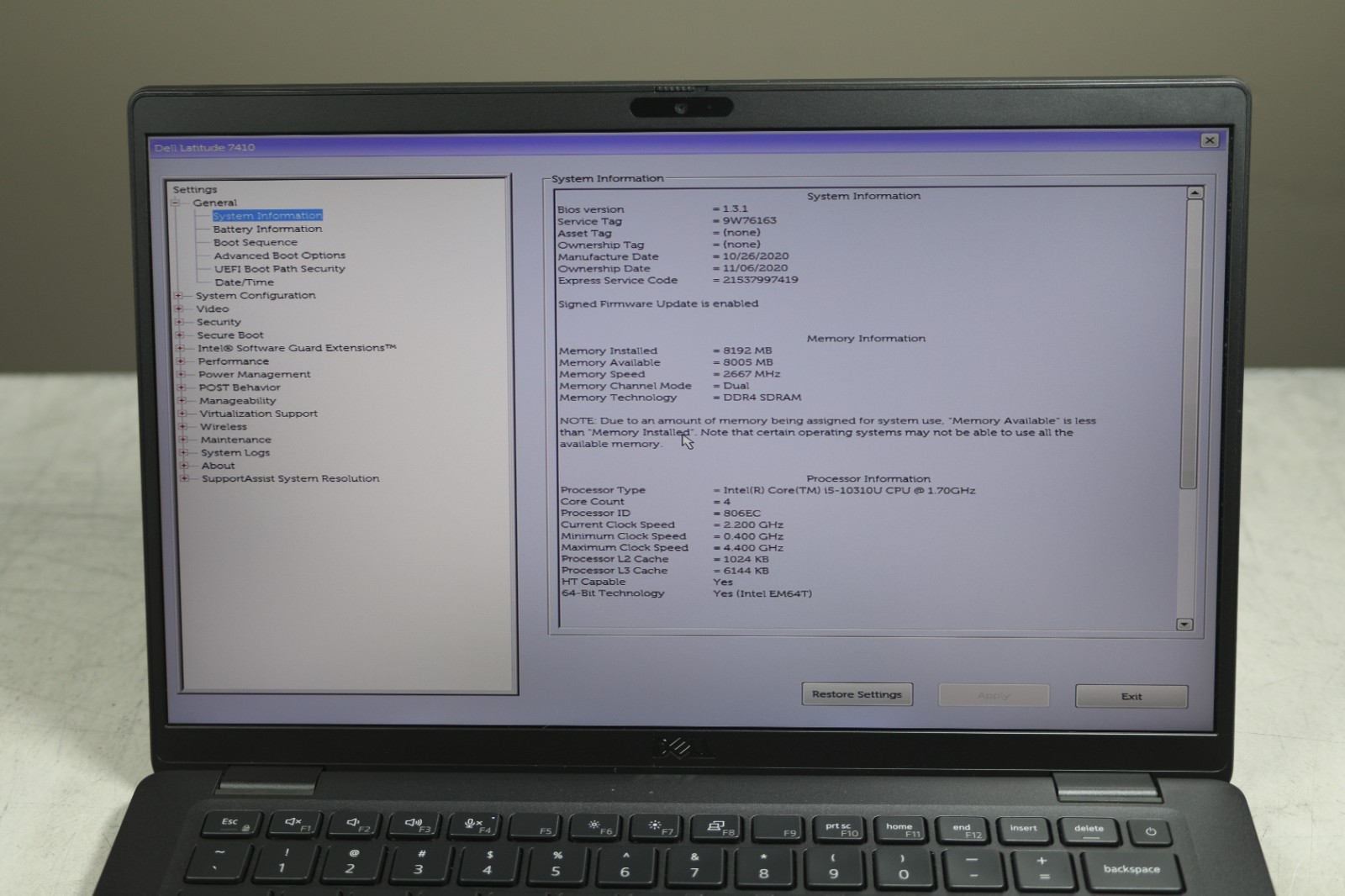 Dell Latitude 7410 Intel Core(TM) i5-10310U CPU 1.70GHz-8GB RAM-256GB NVMe-NO OS