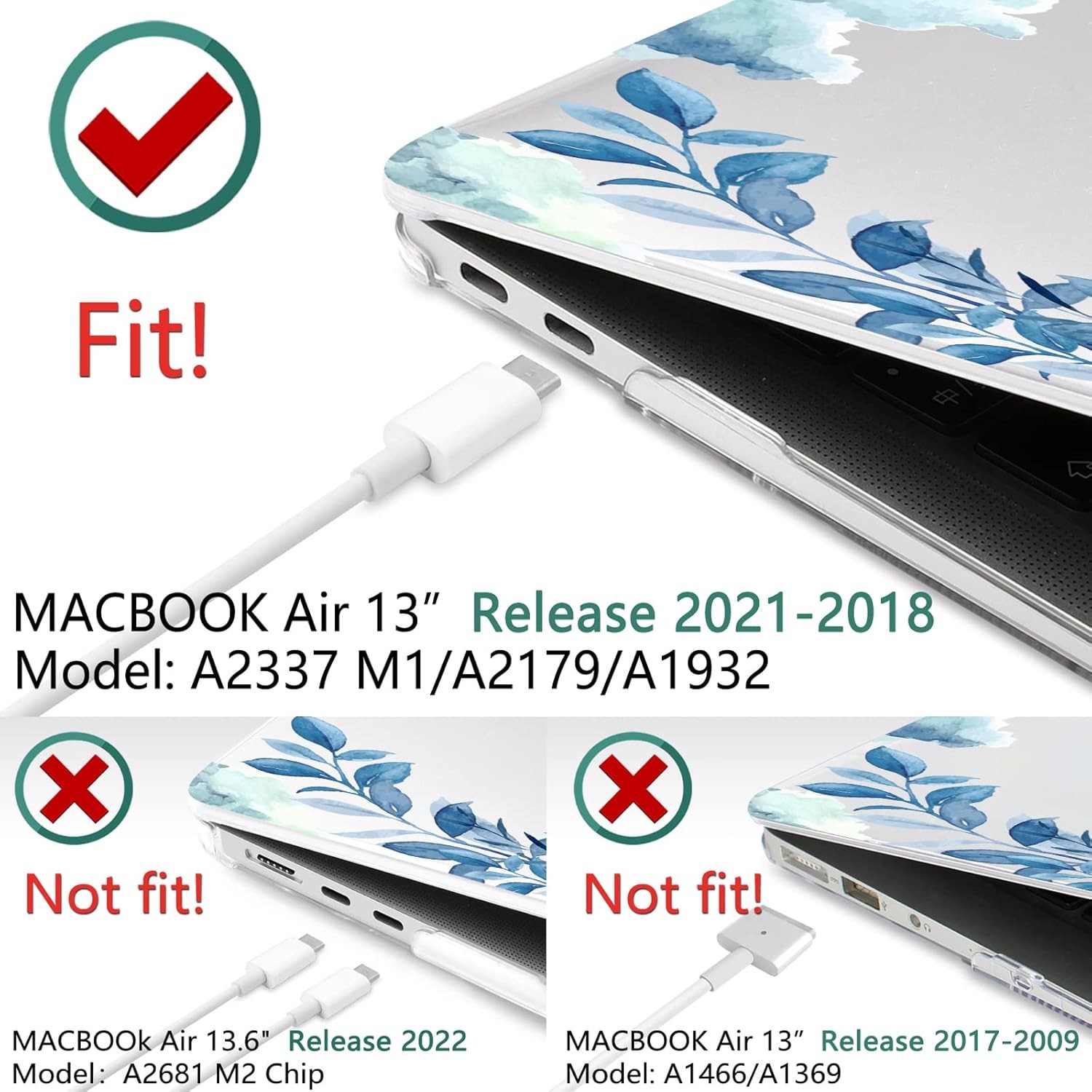 2021 2020 2019 2018 MacBook Air 13 inch Case A2337 M1 A2179 A1932, Blue Floral