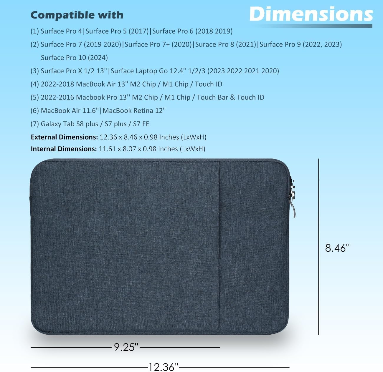 12-Inch Laptop Tablet Sleeve Case Cover for Surface Pro 4/5/6/7/7+/8/9 & MacBook