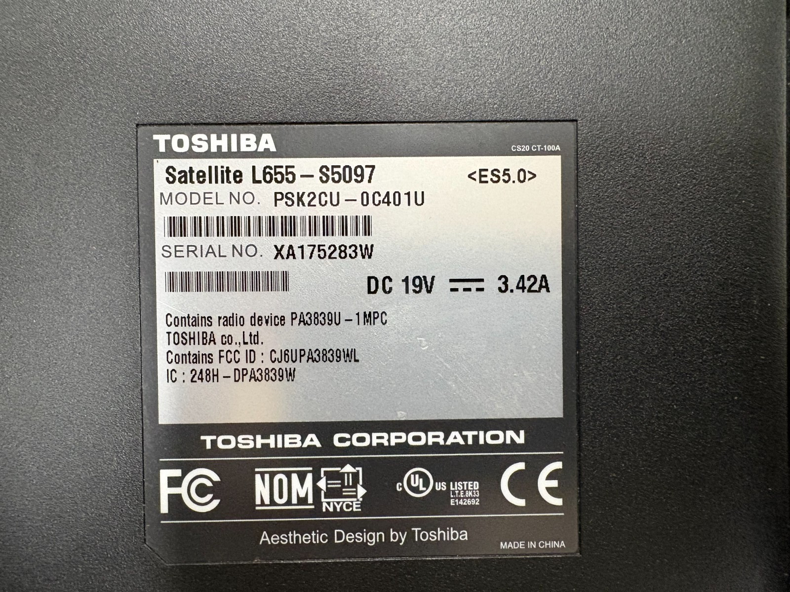 Toshiba Satellite L655 Intel Pentium CPU P6100 2.00GHz 4GB No HDD No OS
