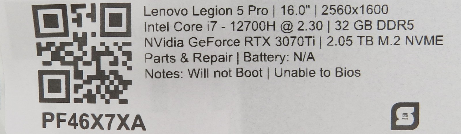 Lenovo Legion 5 Pro i7-12700H 32GB DDR5 RTX 3070Ti 2TB SSD No OS/AC PARTS