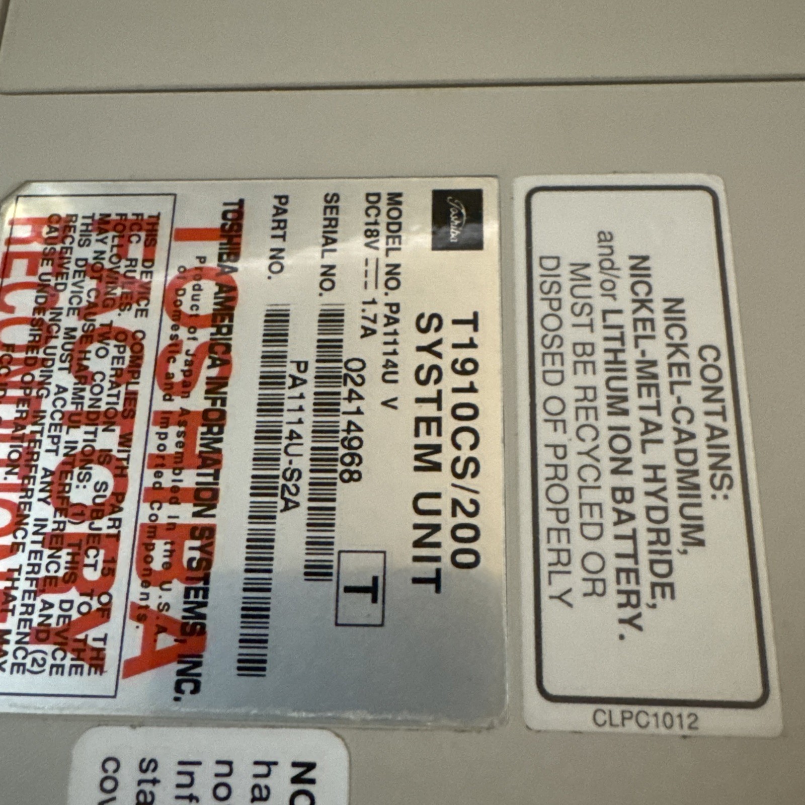 Vintage Toshiba Satellite Laptop – UNTESTED – T1910CS/200 PA1114U V- FOR PARTS
