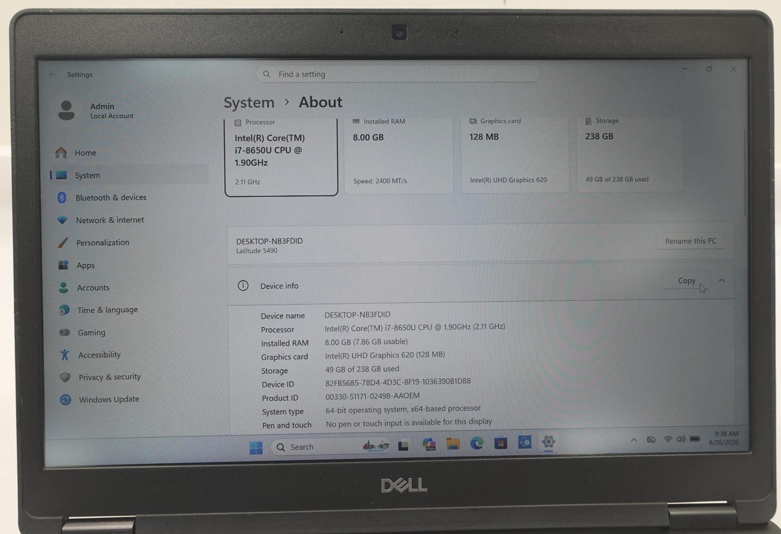 Dell Latitude 5490 14″ Core I7-8650U 1.90GHz 8GB 256GB SSD Laptop