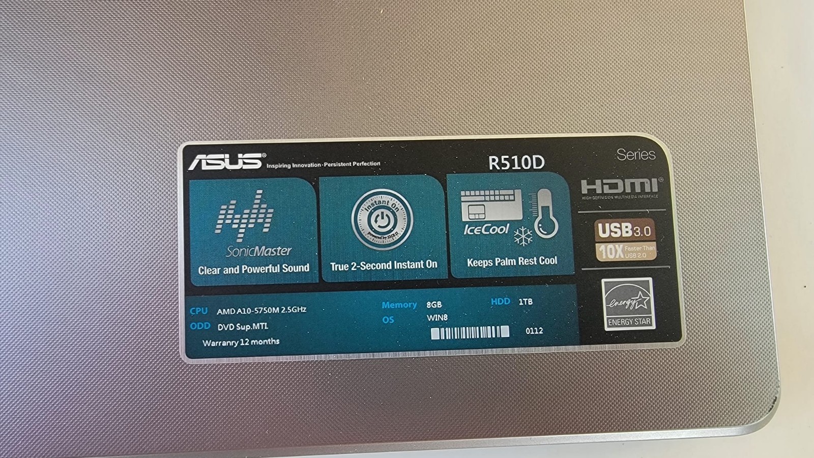 ASUS R510D Laptop RAM 8.00 GB (7.21 GB usable) Windows 10 Home. Read Description
