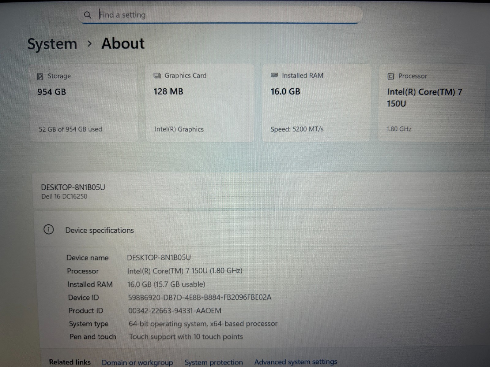 DELL 16 DC16250 MRYT3, Intel Core 7 150U, 1.80 GHz, 16 GB RAM, 1 TB NVMe SSD