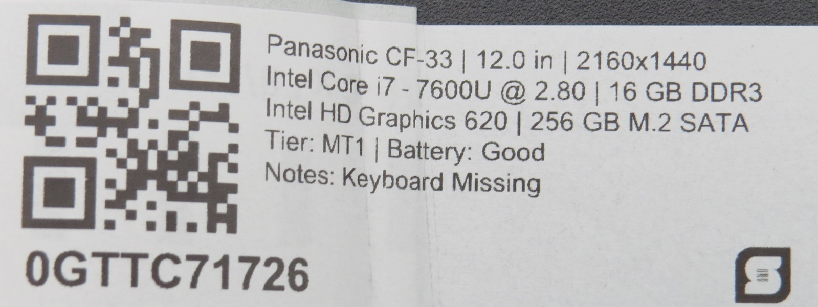 Panasonic CF-33 Tablet | i7-7600U @ 2.8GHz | 16GB DDR3 | 256GB m2 | No OS/AC