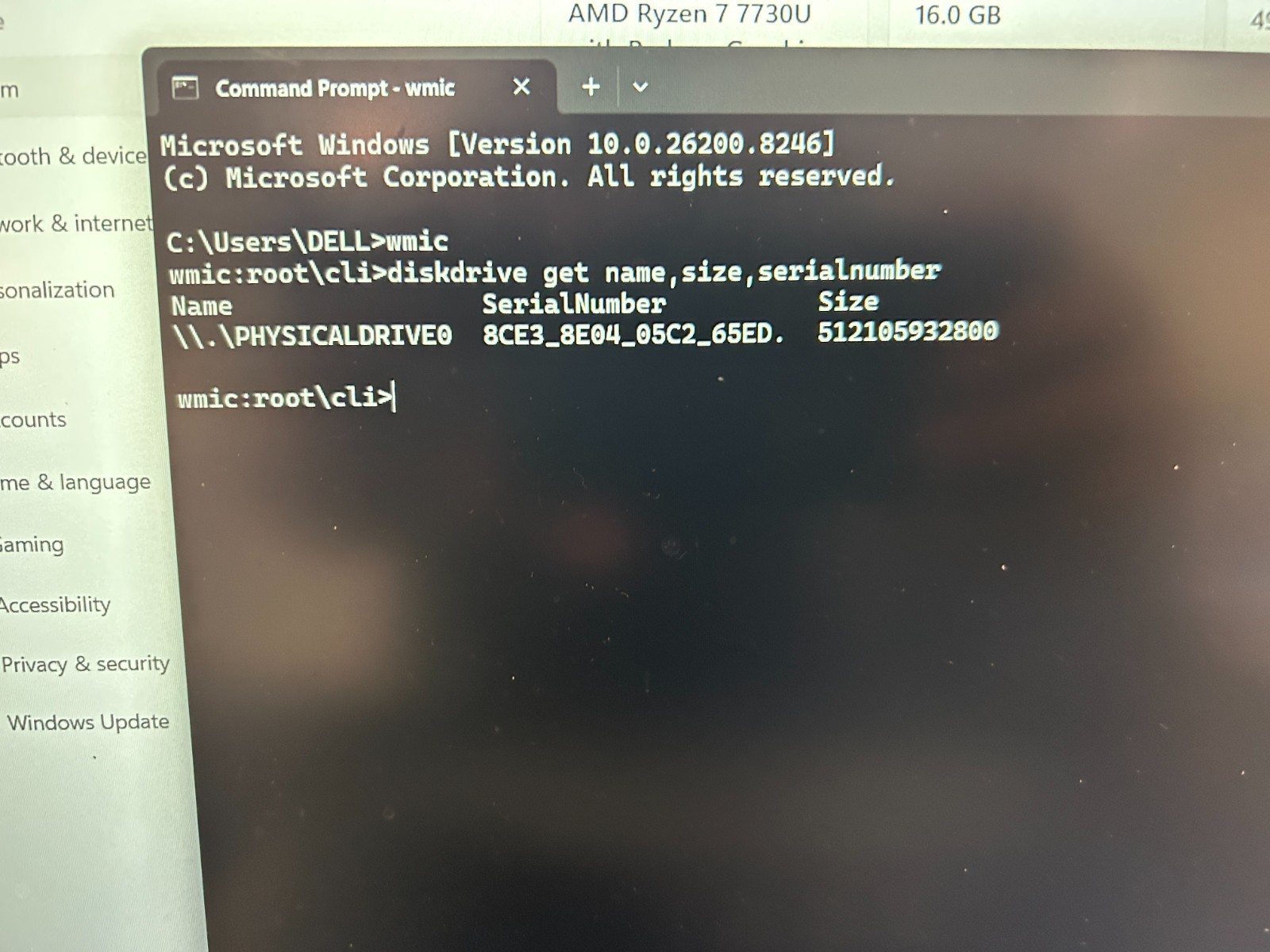 DELL 15 DC15255 G8MK9, AMD Ryzen 7 7730U, 2.00 GHz, 16 GB RAM, 512 GB NVMe