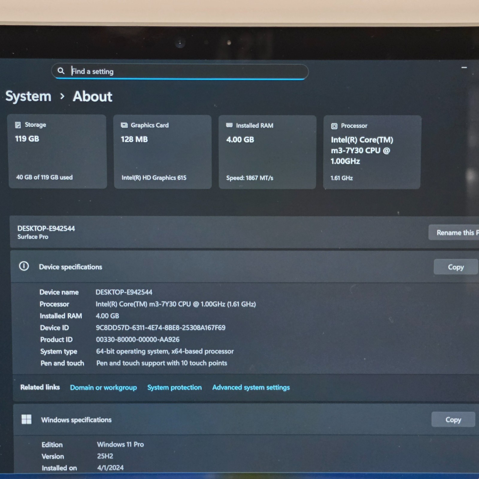 Microsoft Surface Pro 5 1796 128GB | Intel Core m3-7Y30 | 4GB Ram | Win 11 Pro