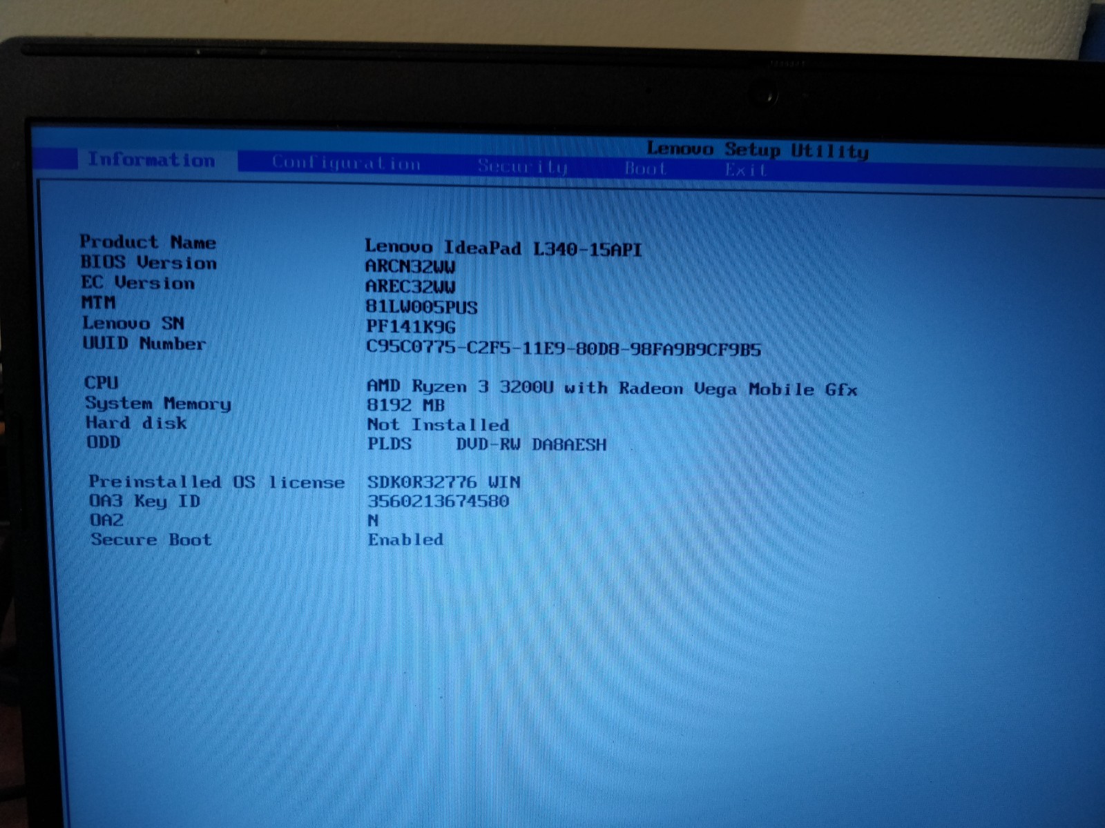 Lenovo IdeaPad L340-15API AMD RYZEN 3 3200U@2.60GHz 8GB RAM NO DRIVE PARTS 8233