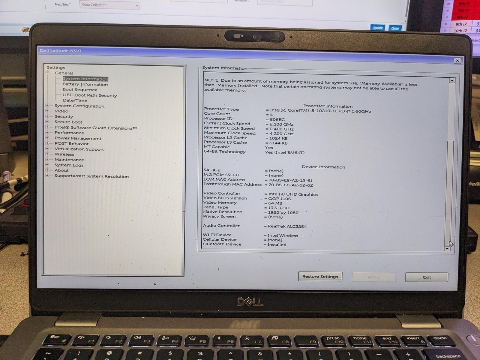 DELL LATITUDE 5310 i5-10210U @ 1.60GHz, 4GB RAM, NO HDD/OS