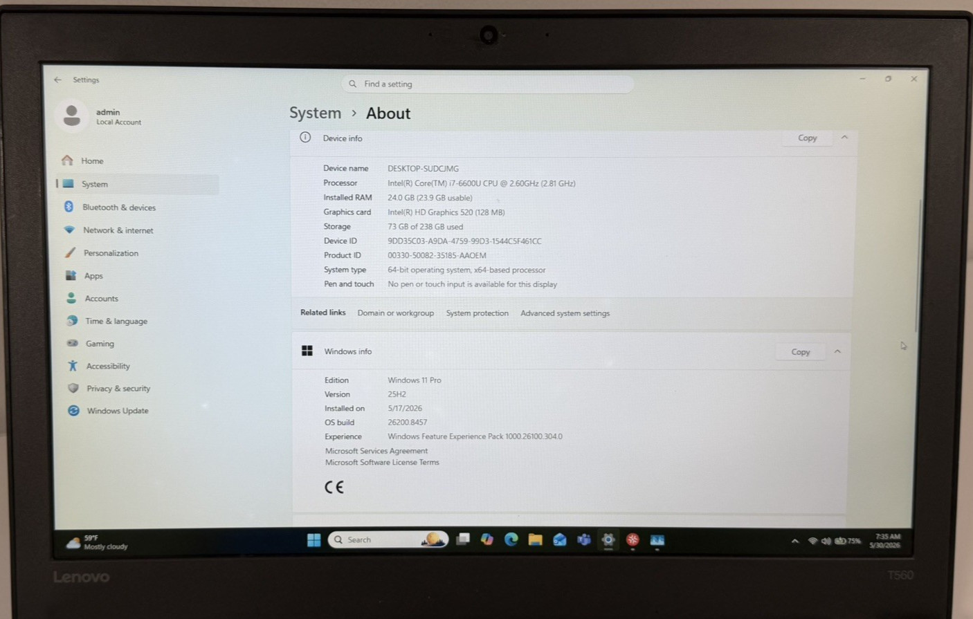 Lenovo ThinkPad T560 i7-6600U 24GB RAM 256GB SSD 15.6″ FHD Windows 11 Pro
