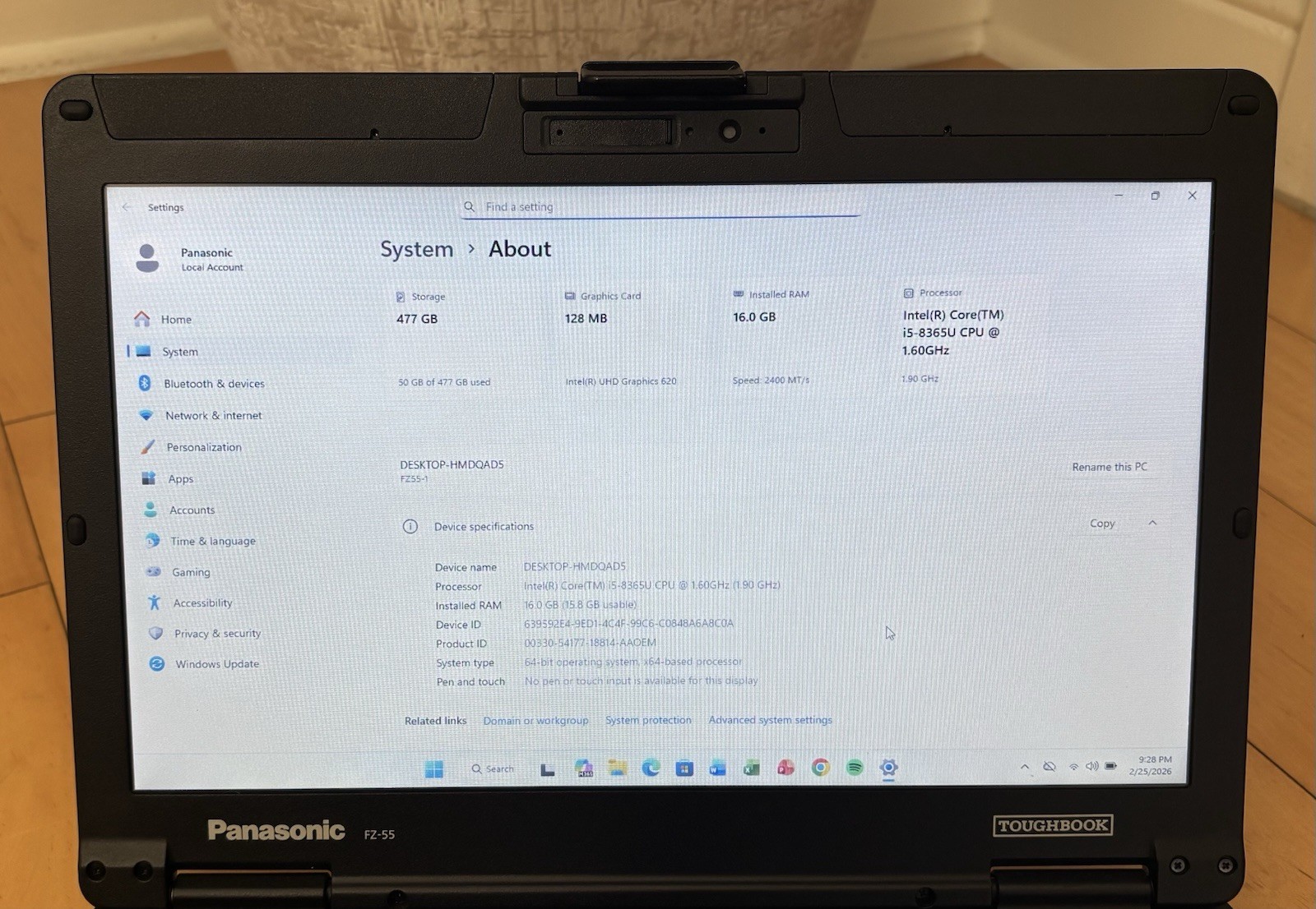 PANASONIC FZ-55 Toughbook Laptop i5 8365U 16GB 512GB 1.60GHz Win 11 p 1400 Hours
