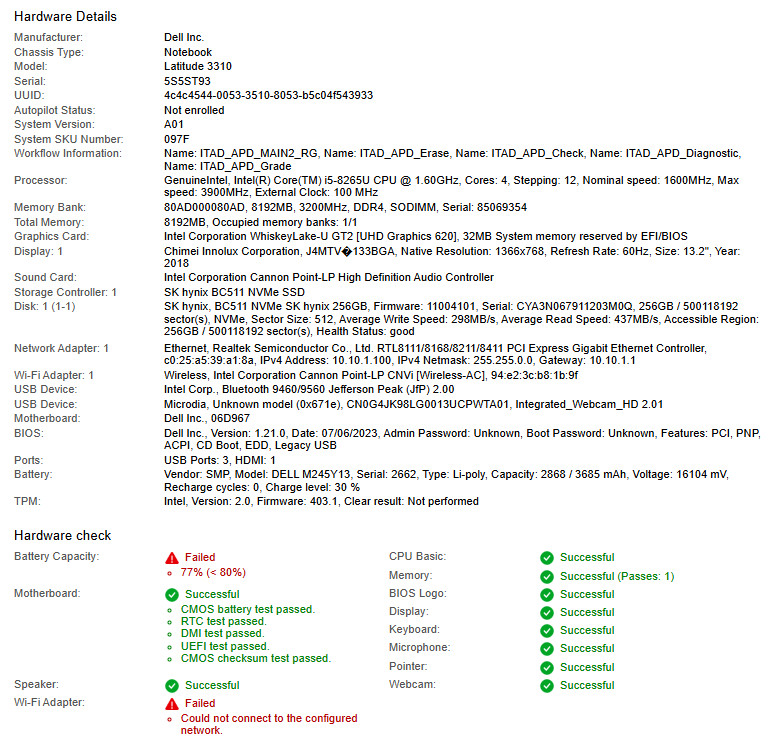 Dell Latitude 3310, i5-8265U CPU, @ 1.60GHz, 8GB RAM, 256GB NVMe-No OS/Adapter