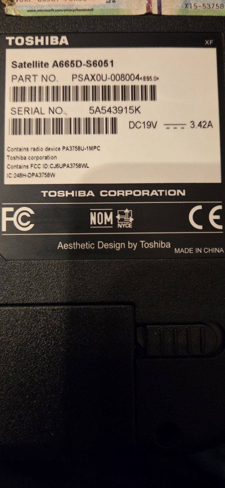 Toshiba Satellite Laptop A665D-S6051 Not Tested As Is