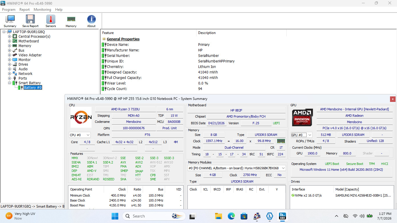 HP 255 G10 15″ HD RYZEN 3 7320U WITH RADEON GRAPHICS 256GB SSD 8GB W11 AMD