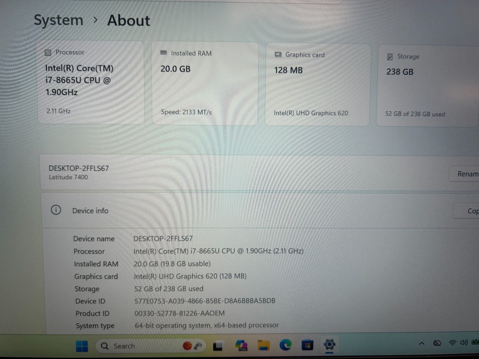 DELL LATITUDE 7400, Intel Core i7-8665U, 1.90 GHz, 20 GB RAM, 256 GB M.2
