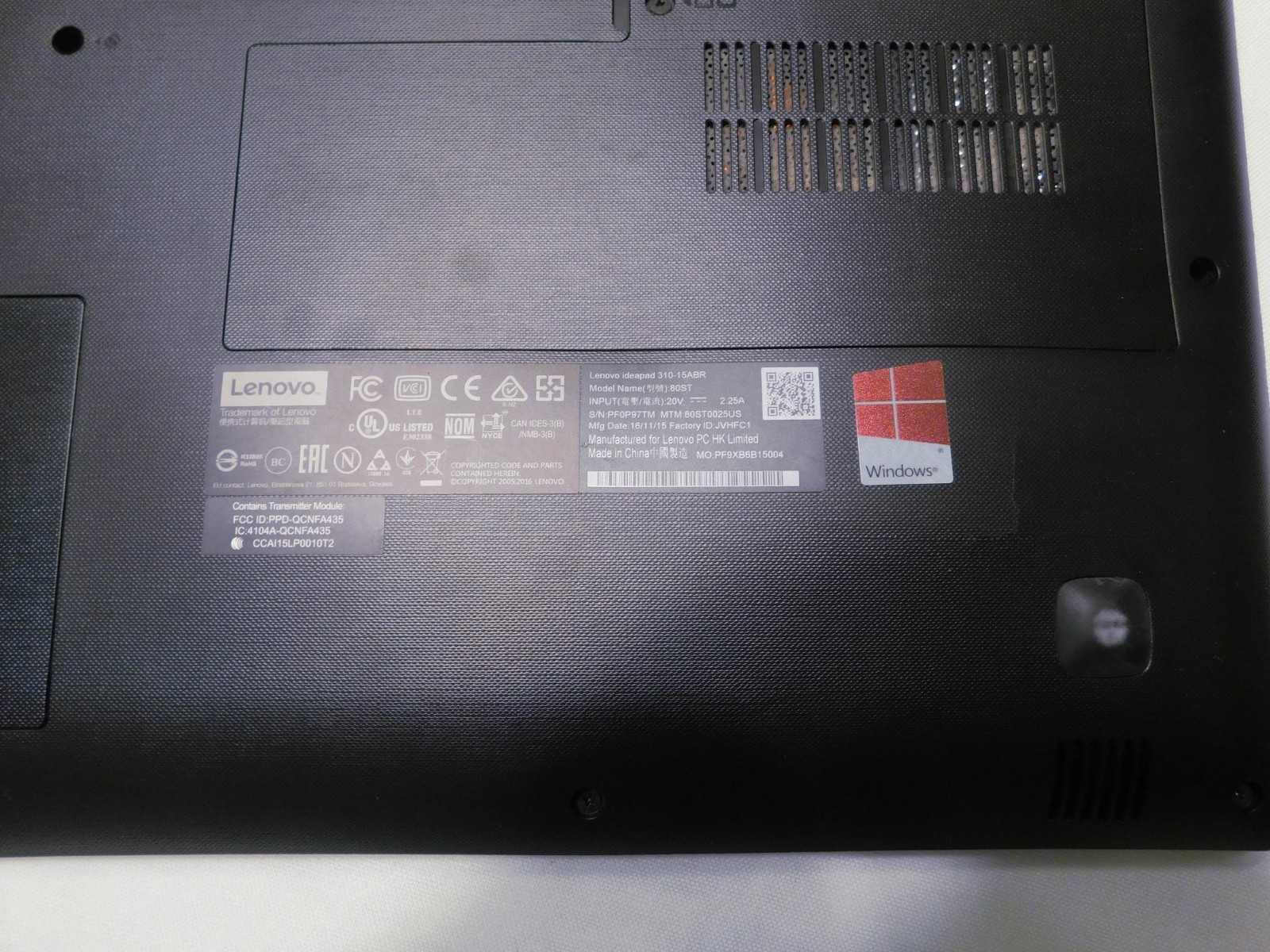 Lenovo ideapad 310-15ABR Laptop Model 80ST FOR PARTS OR REPAIR with AC Adaptor