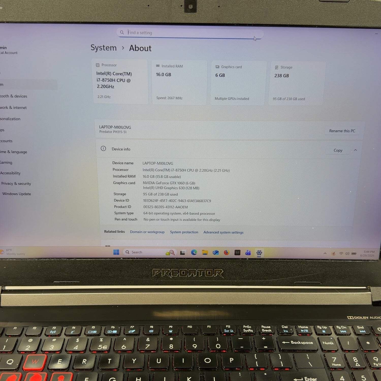 Acer Predator Helios 300 N17C1 15.3″ i7-8750H 2.2GHz 16GB RAM 256GB SSD GTX 1060