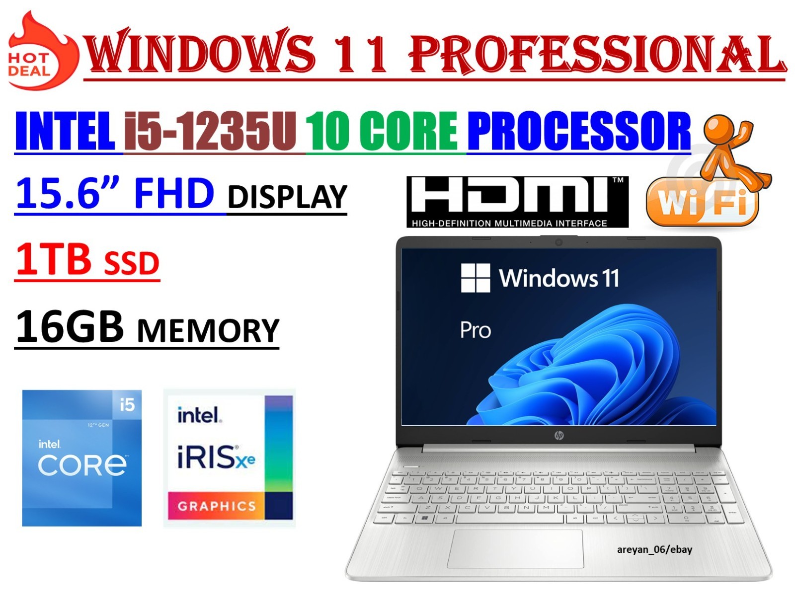HP 15.6″ Full HD Laptop 12th Gen Intel i5-1235U 10 Core 16GB RAM 1TB SSD Win11/P