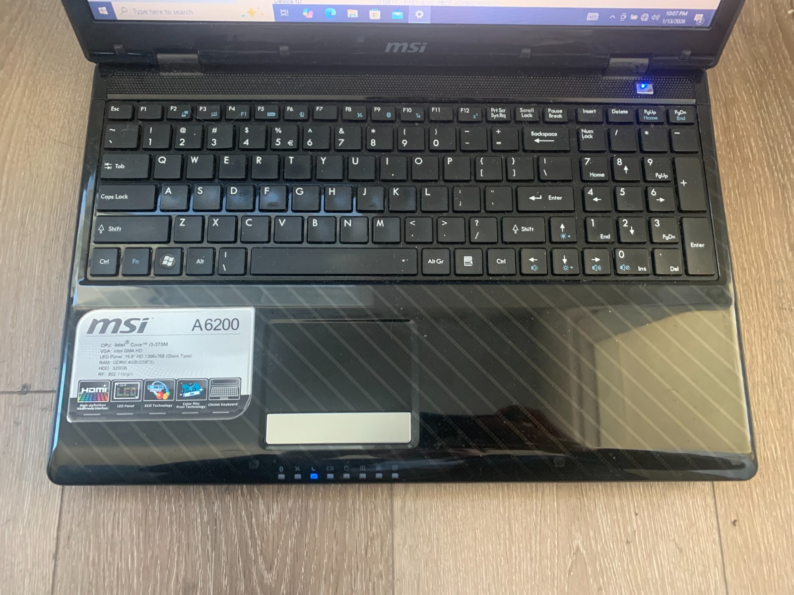 MIS A6200 MS-1681 15.6” Intel Core i3 M370 2.40GHz 4GB RAM 320GB HDD Win 10 Pro