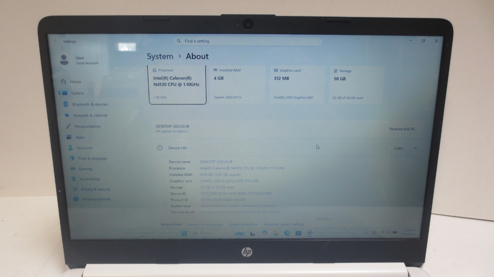HP Stream 14-DQ0052DX 14″ Celeron N4120 1.1GHz 4GB RAM 64GB