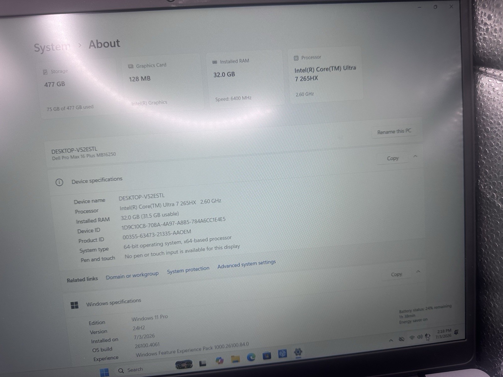 Dell Pro Max 16 Plus MB16250 FHD+ 2.7 GHz Ultra 7 265HX 16GB 512gb SSD