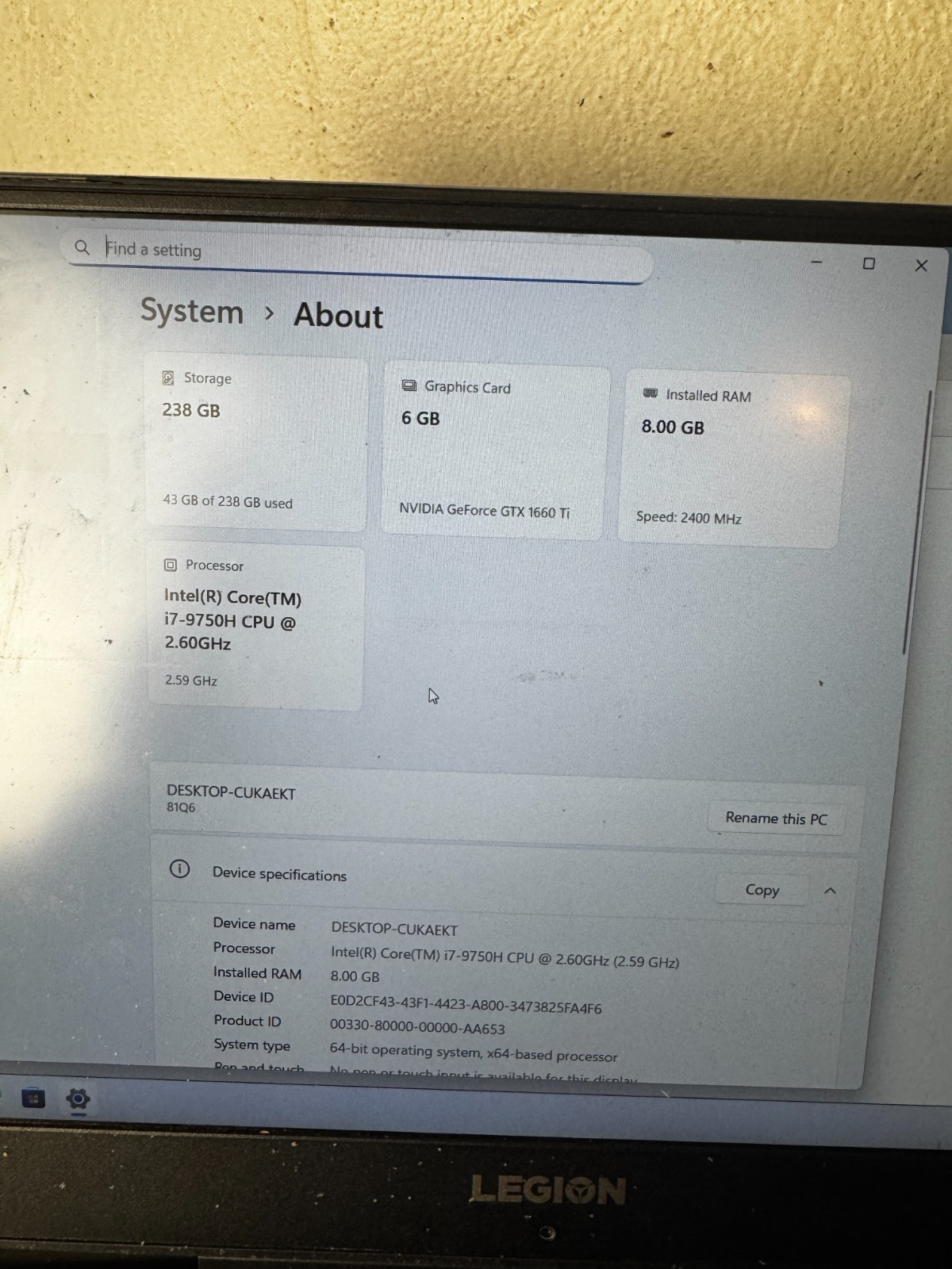 Lenovo Legion 81Q6 Core i7-9750H, 8GB RAM 256GB SSD GTX 1660TI Win11 *READ #5952