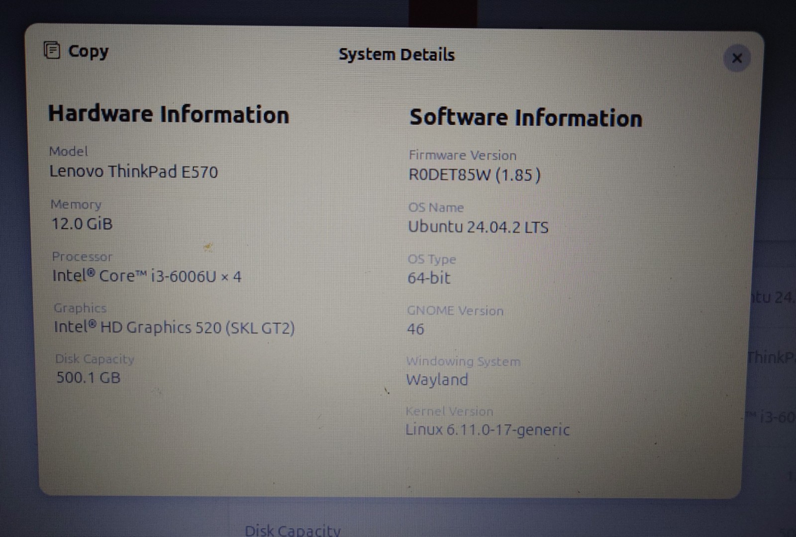 Thinkpad E570 Good Battery i3 12GB RAM 500GB HDD Fresh Ubuntu No Charger 1/2