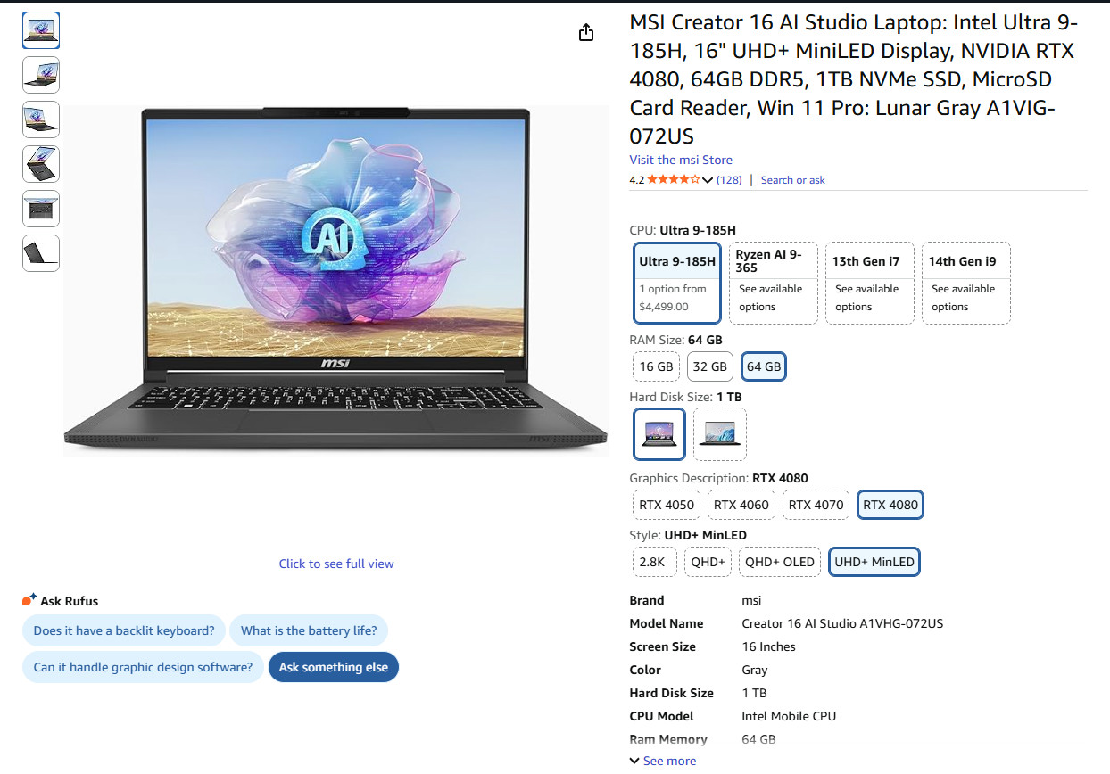 MSI Laptop Creator 16 AI Studio Intel Core Ultra 9 185H 64GB Memory 1 TB NVMe SS