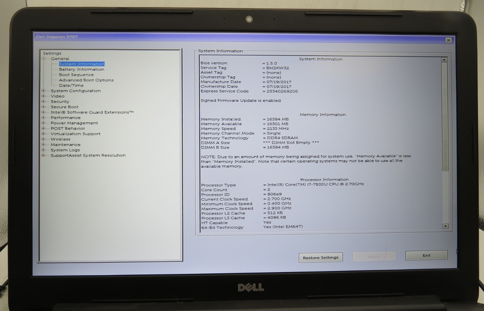 Dell Inspiron 17 5767-17.3″-i7-7500U@2.70GHz-16GB RAM-250GB 2.5 SSD-NO OS *READ*