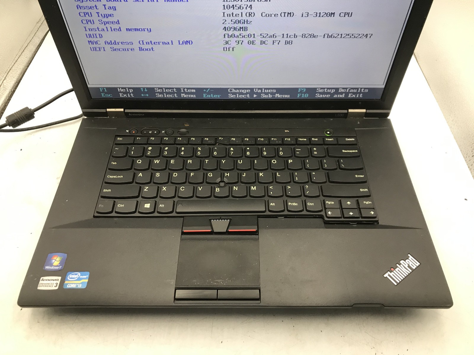LENOVO THINKPAD L530 – BOOTS TO BIOS – INTEL I3 3120M – NO RAM – READ DESC- BB!