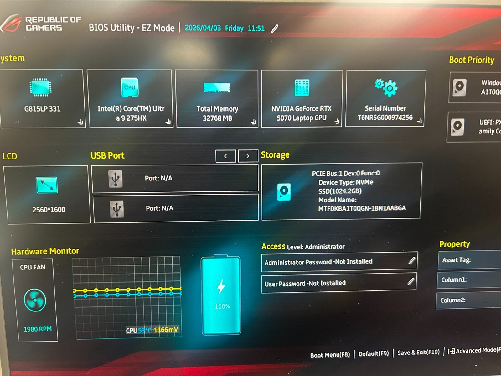 ASUS ROG STRIX G, Intel CORE Ultra 9 275HX, 2.7 0GHz, 32 GB RAM, 1 TB NVMe SSD