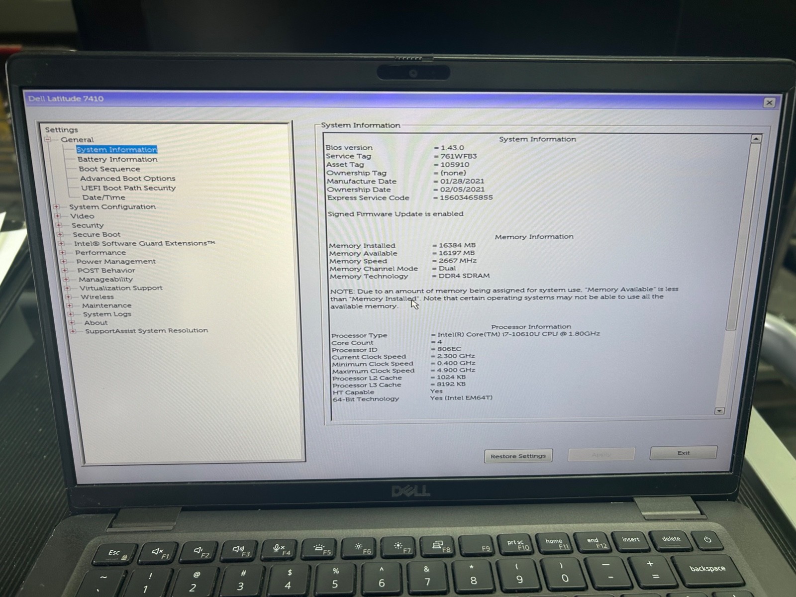 DELL LATITUDE 7410 Laptop CORE I7 10TH GEN 16GB RAM 256gb SSD No OS Grade C