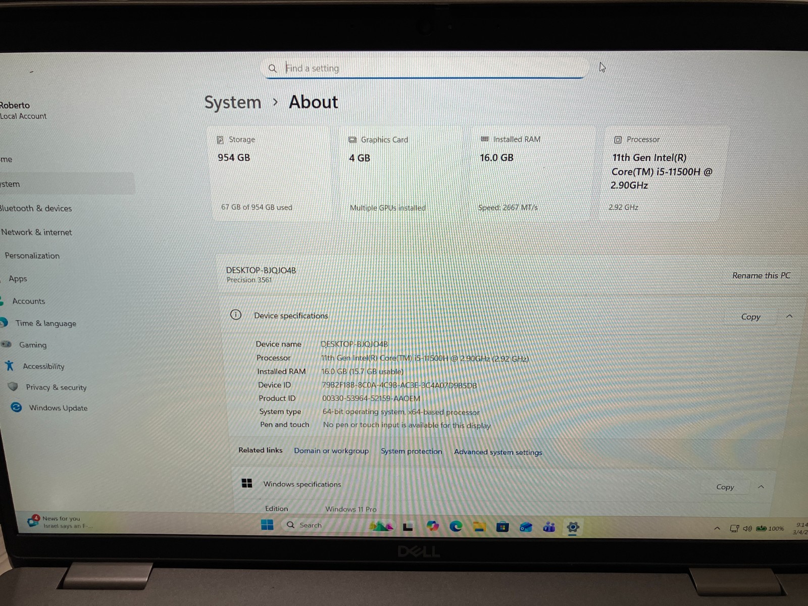 Dell Precision 3561 Core i5-11500H 2.90GHz 16GB 1TB Samsung 9A1 4.0 NVMe SSD W11