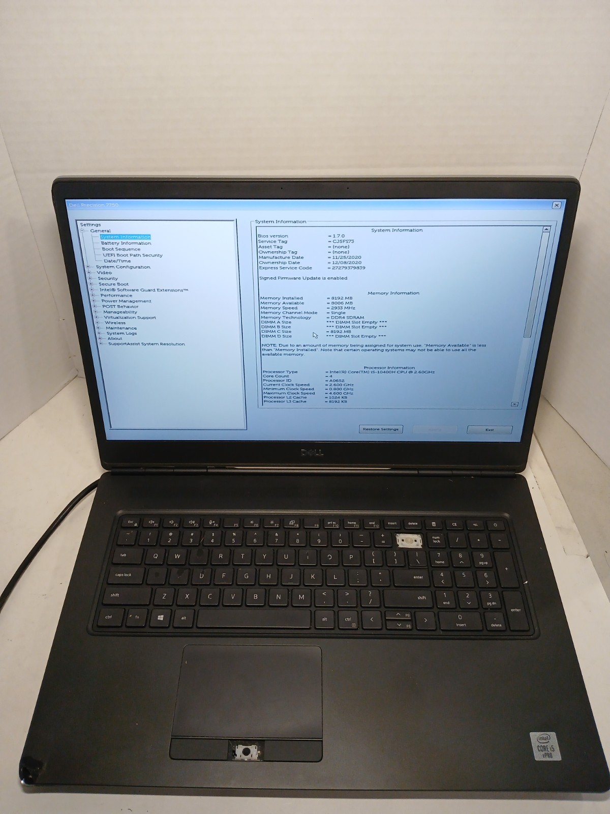 Dell Precision 7750 15.6″ Laptop i5-10400H 8GB No SSD/OS/BATTERY! *READ* #97
