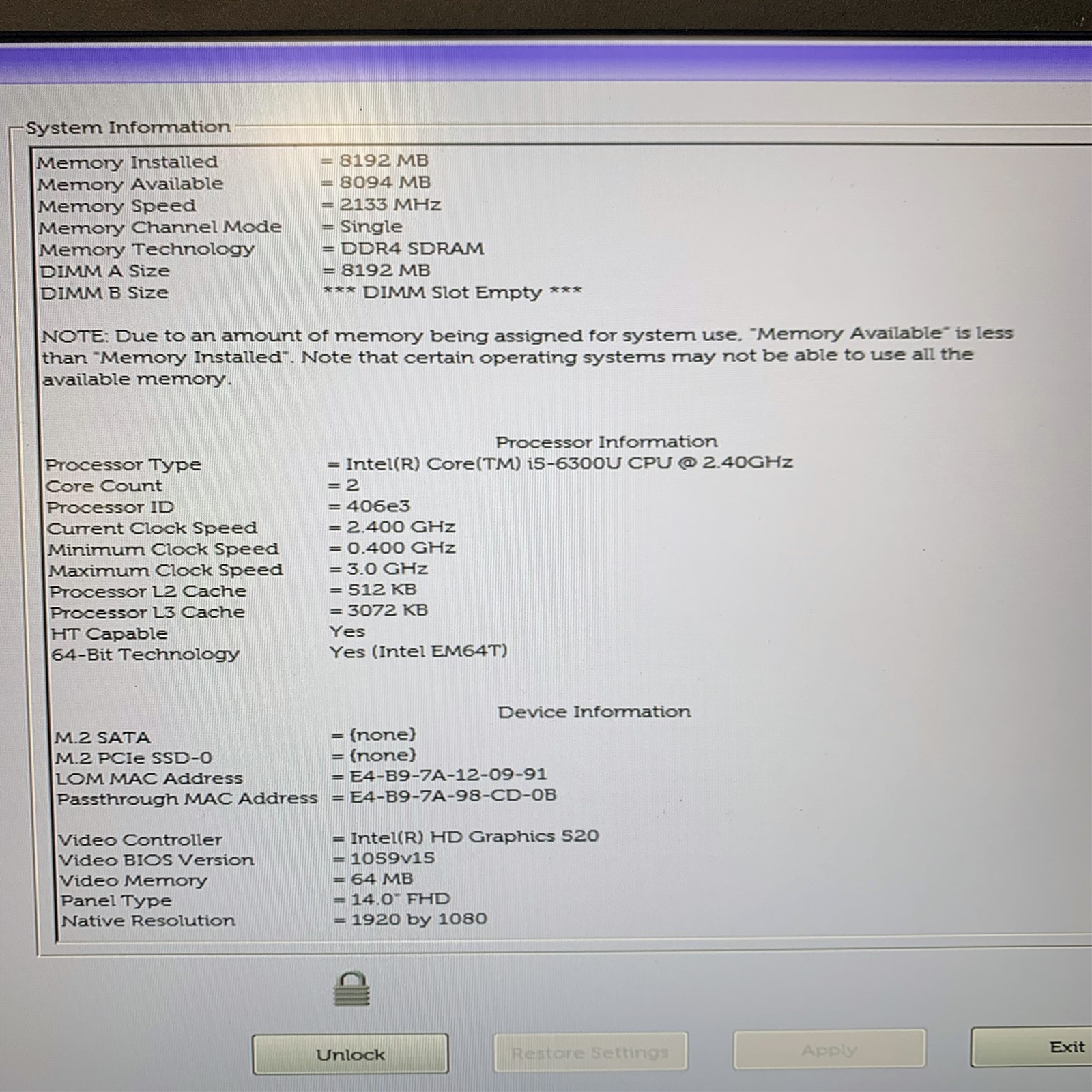 Dell Latitude 7480 14″ FHD Intel Core i5-6300U 2.40 GHz 8GB No SSD, BIOs Locked