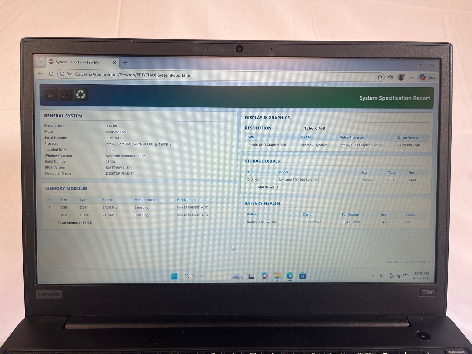 Lenovo ThinkPad E590 Intel Core i5-8265U 16 GB 250GB SSD 15.6″