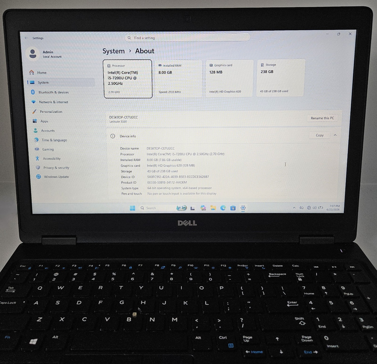 Dell Latitude 5580 15.6″ Intel Core i5-7200U 2.5GHz 8GB RAM 256GB SSD Win 11 Pro
