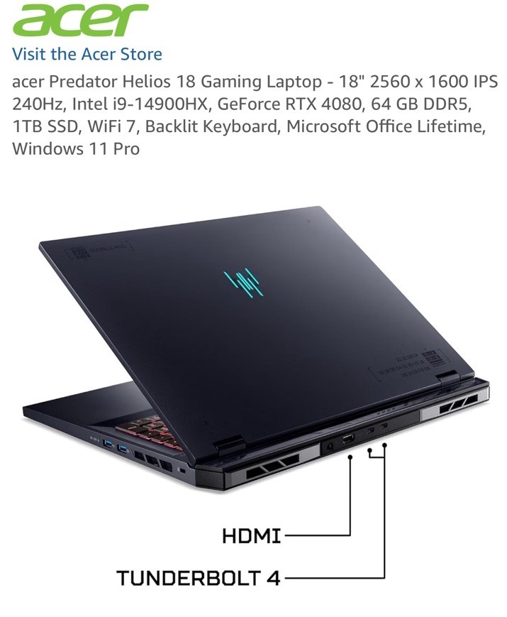 Acer Predator Helios 18 18in i9-14900HX RTX 4080 64GB 1TB SSD W11 Pro