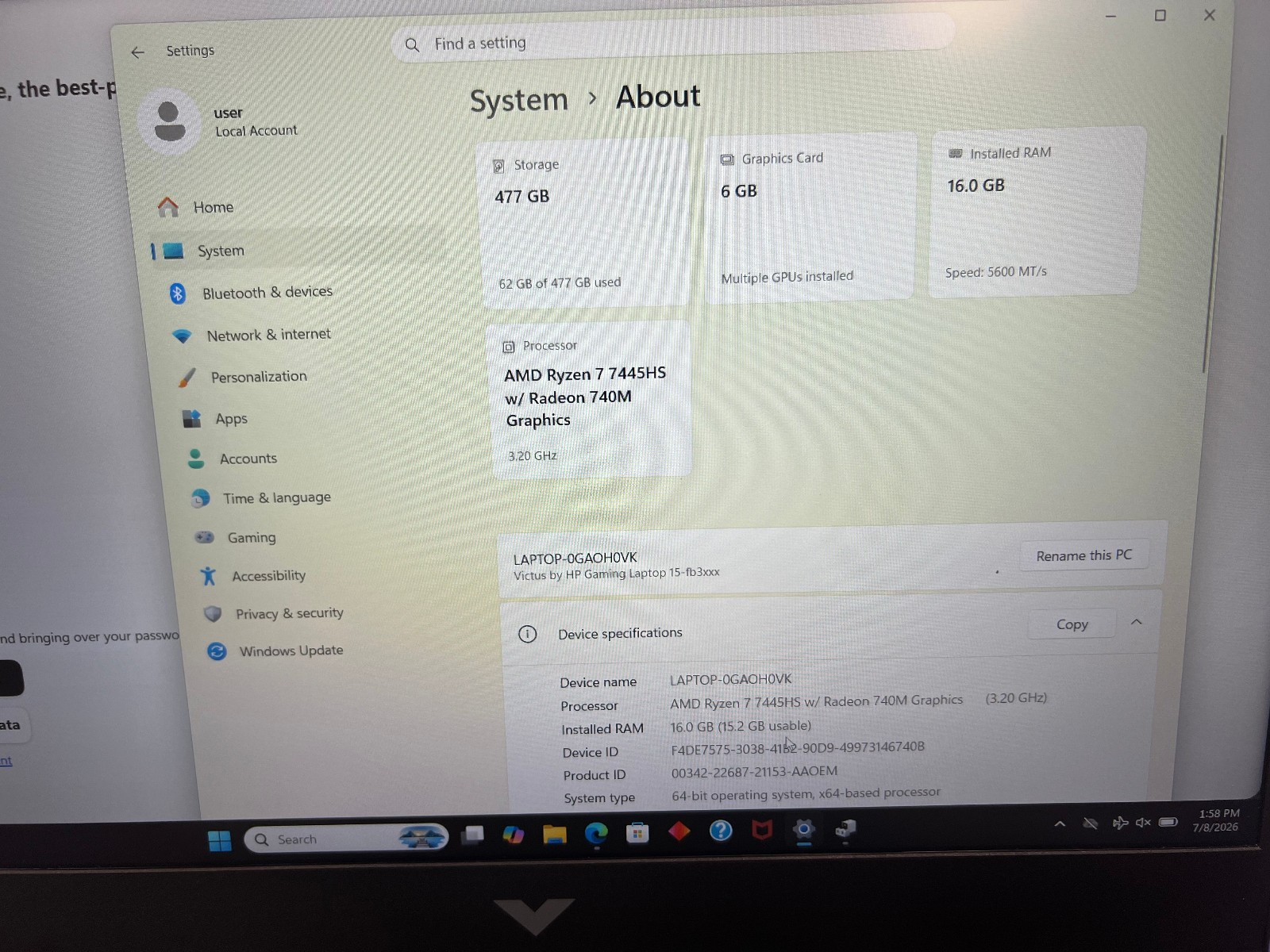 HP Victus 15-fb3093dx / Ryzen 7 7445HS 16GB RAM 512GB SSD GeForce RTX 4050