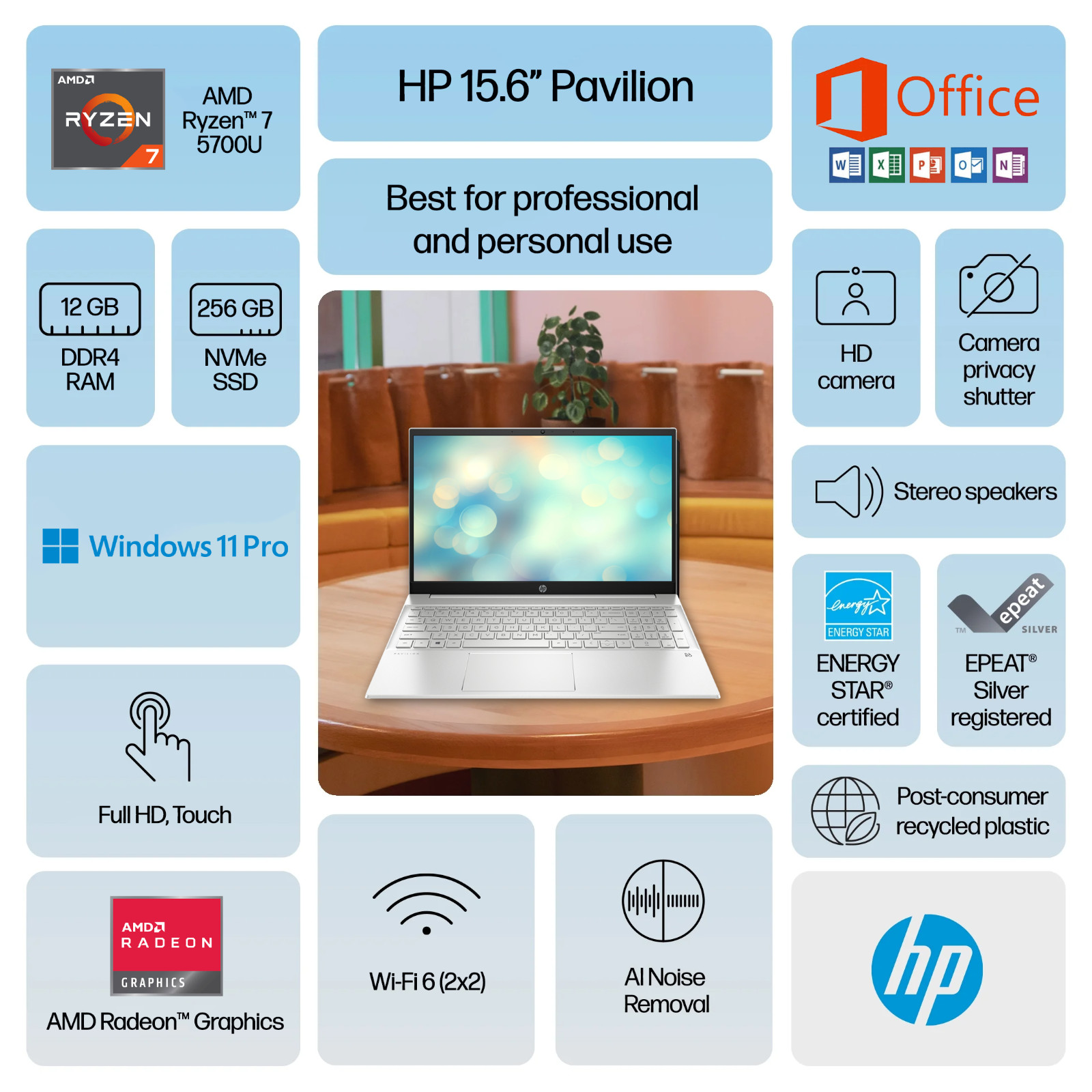 HP Pavilion Laptop 15.6″ Ryzen 7 12GB RAM & 256GB SSD Touch Backlit Office 2024