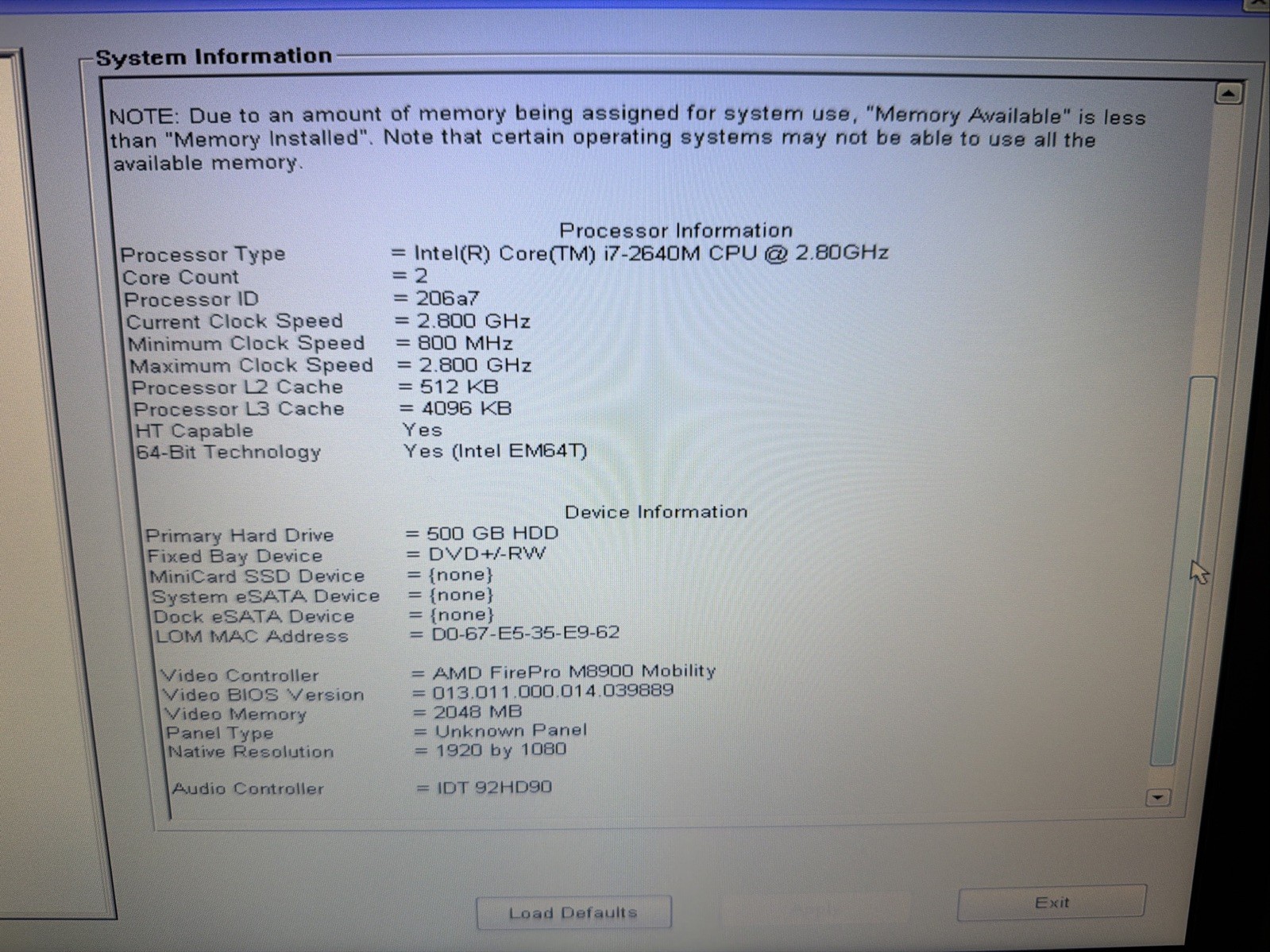 Dell Precision M6600 Laptop – i7-2640M 8GB 500GB FirePro M8900 FHD No OS Battery