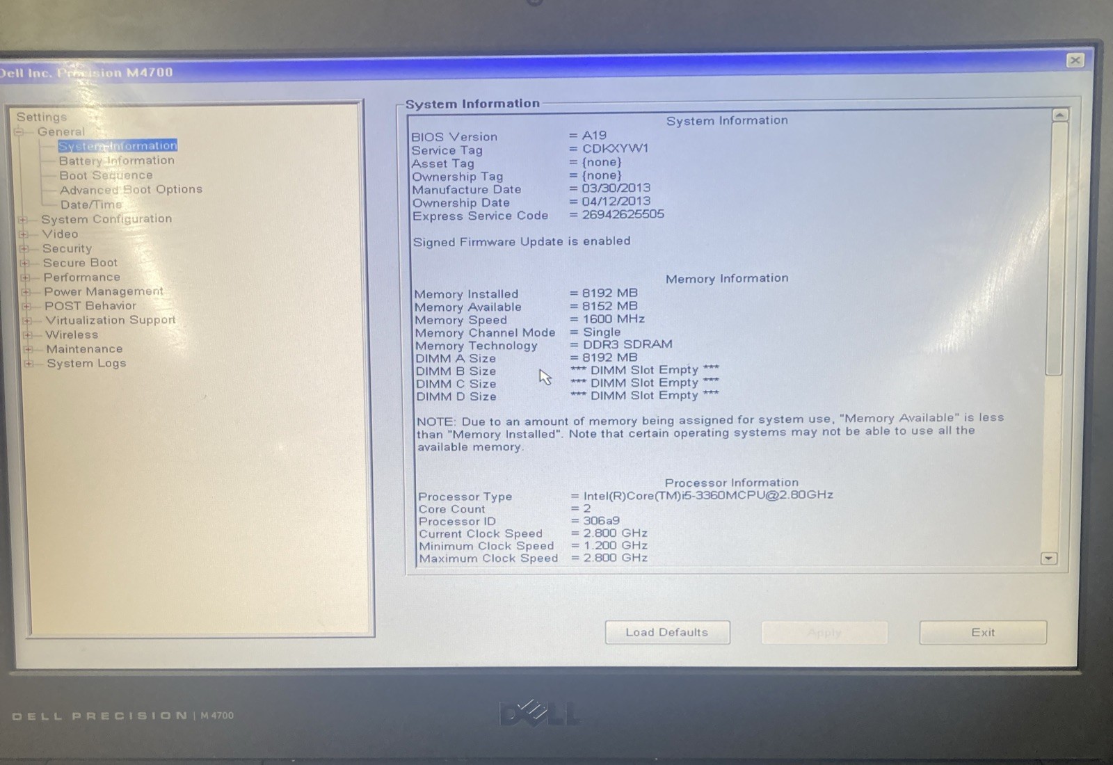 Dell Precision M4700 i5-3360M 2.80GHz 8GB RAM No HDD boot to bios no battery
