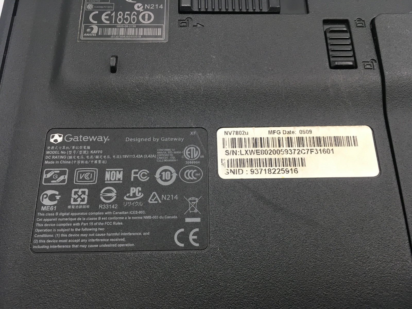 GATEWAY NV7802U – FOR PARTS/BIOS LOCK – INTEL 2 DUO T6600 – NO RAM -READ DESC-BB