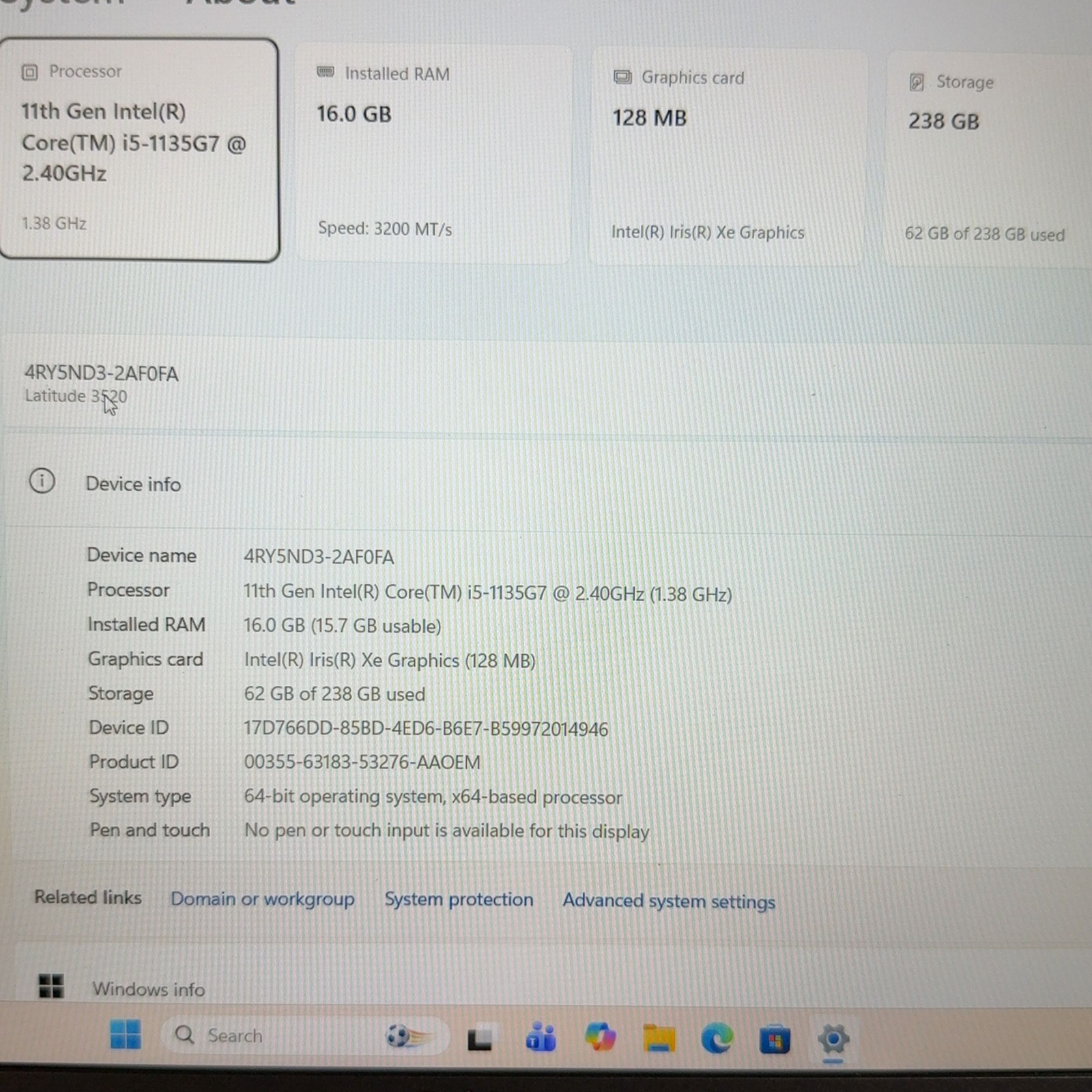 Dell Latitude 3520 15.6″ FHD Laptop i5-1135G7 16GB RAM 256GB SSD Win 11 Pro