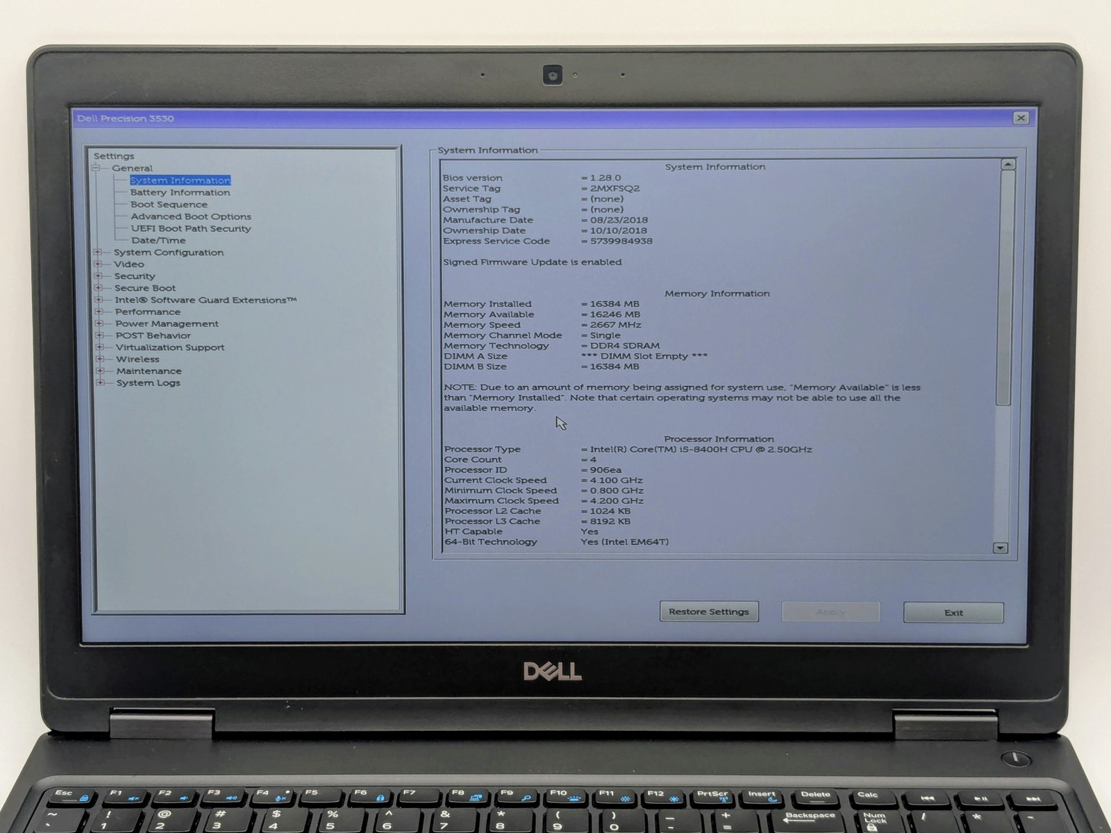Dell Precision 3530 15″ FHD I5-8400H 1TB SSD 16GB W11P Quadro P600 Webcam