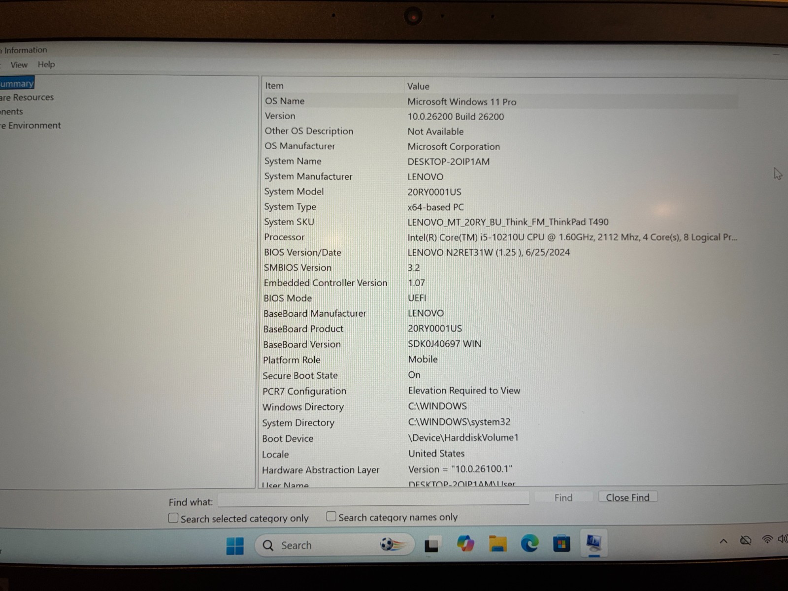 Lenovo ThinkPad T490 Core i5-10210U 1.60GHZ 8GB 256GB WCam Win 11 Pro Cord