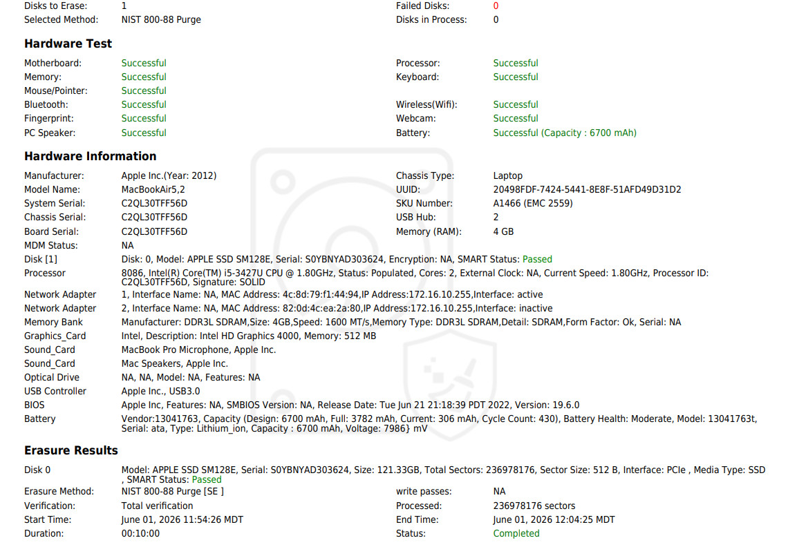 MacBook Air (1466) Intel Core i5-3427U CPU 1.80GHz-4GB RAM-128GB SSD-CatalinaOS