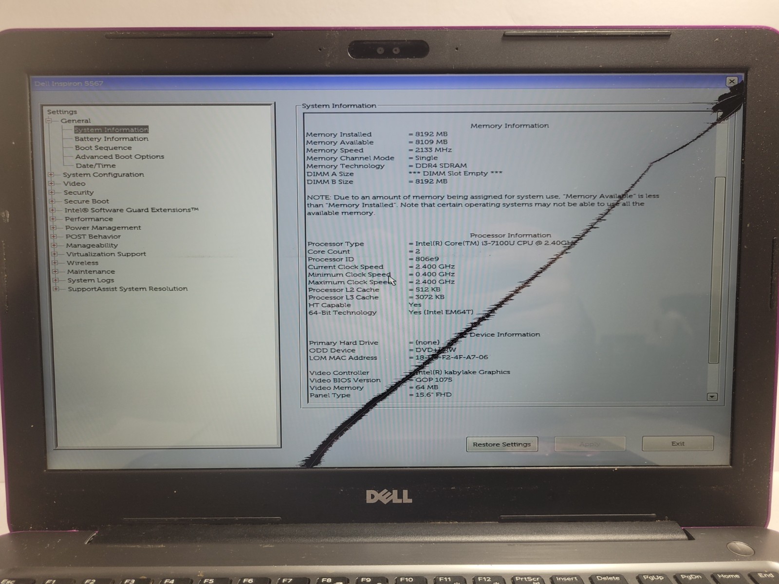 DELL INSPIRON 5567 w/i3-7100U, 8GB RAM, 15″ Touchscreen Laptop for Repair #0303