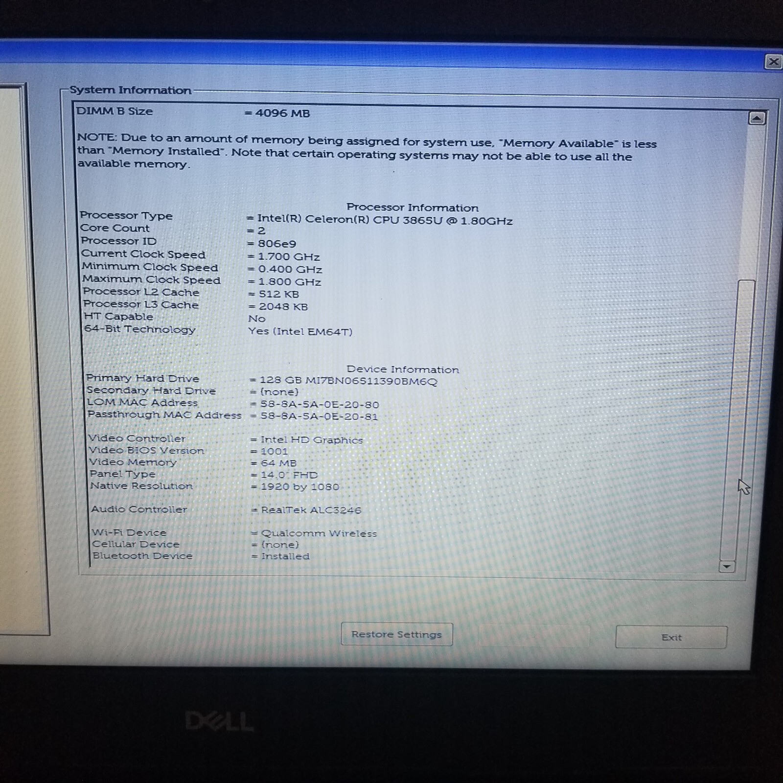Dell Latitude 3480 Celeron 3865U@1.80GHZ 8GB 128GB SSD